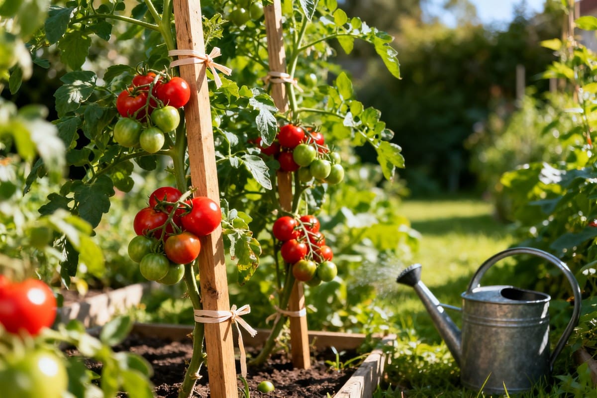 Plants de tomates tuteurés au potager, grappes de fruits rouges et verts sur la tige.