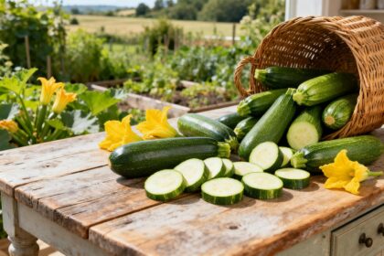 Récolte de courgettes fraîches du potager sur une table de cuisine en bois, entières et en rondelles.