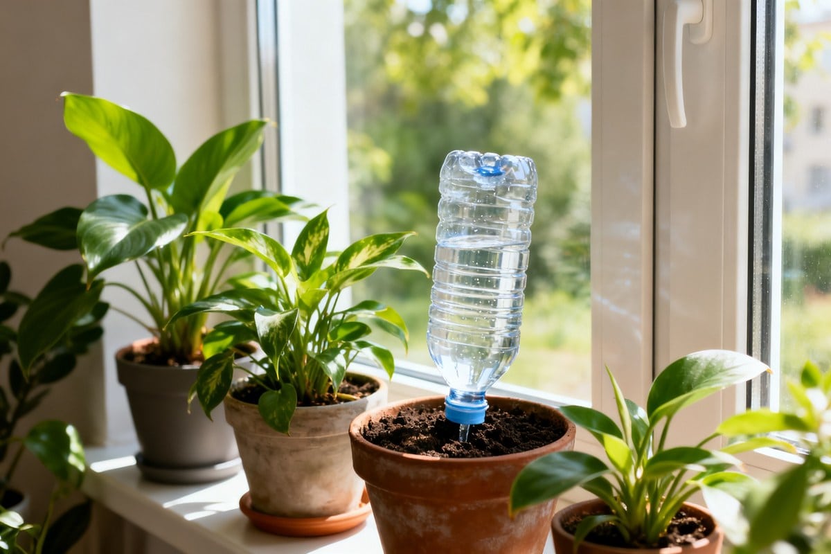 Plantes vertes en pots regroupées près d'une fenêtre, avec une bouteille retournée plantée dans la terre pour l'arrosage