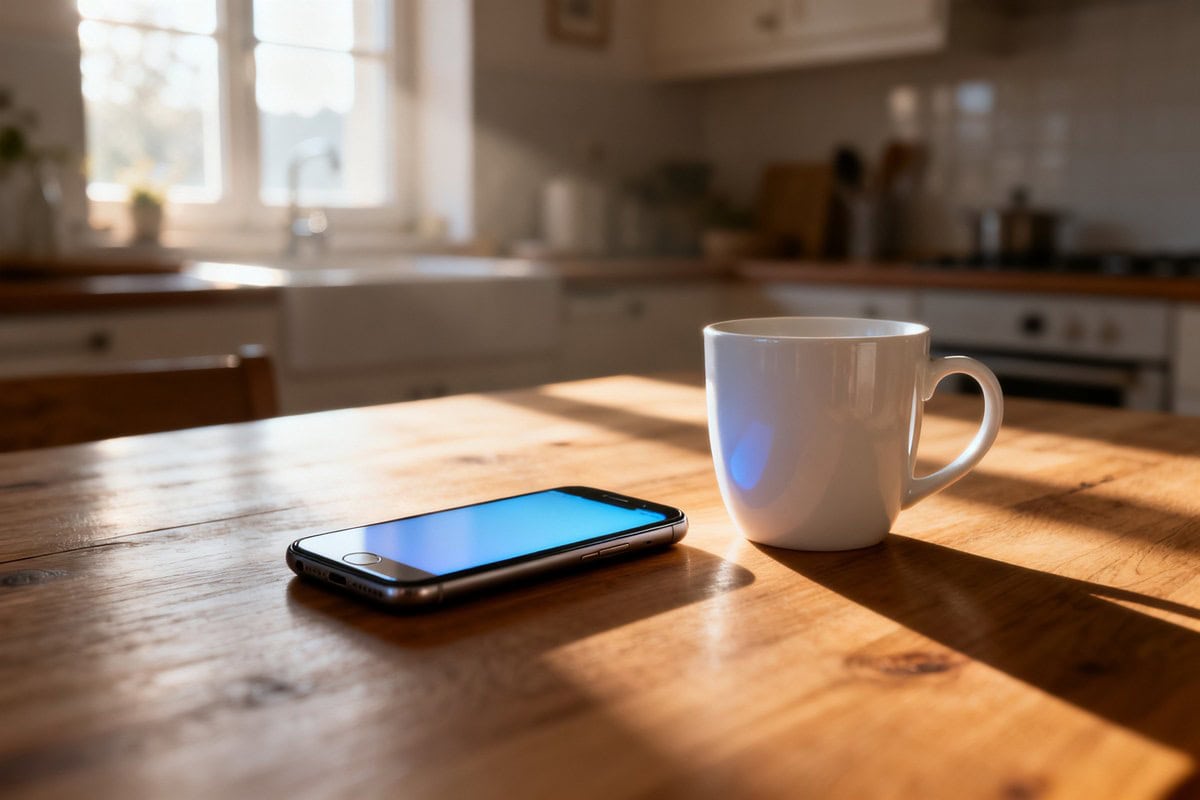 Smartphone à l'écran allumé posé sur une table en bois, à côté d'une tasse blanche, dans une cuisine ensoleillée