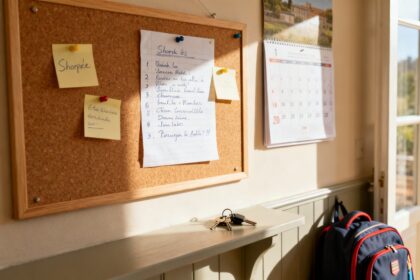 Liste de courses manuscrite et pense-bêtes épinglés près d'un calendrier mural dans une cuisine