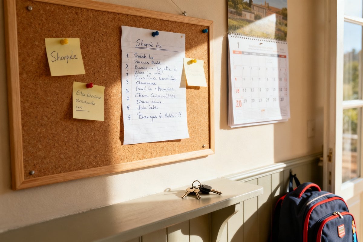 Liste de courses manuscrite et pense-bêtes épinglés près d'un calendrier mural dans une cuisine