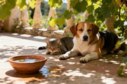 Un chien et un chat se reposent à l'ombre d'une terrasse, près d'une gamelle d'eau fraîche, un jour d'été.