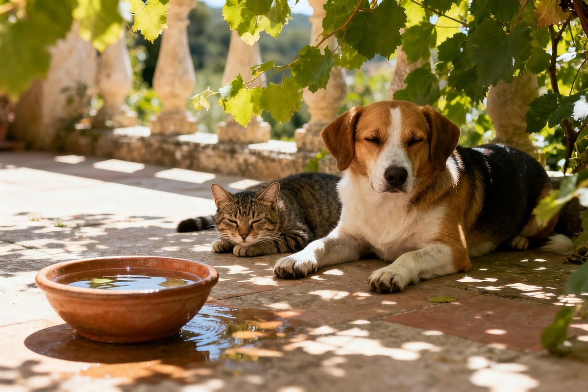 Un chien et un chat se reposent à l'ombre d'une terrasse, près d'une gamelle d'eau fraîche, un jour d'été.