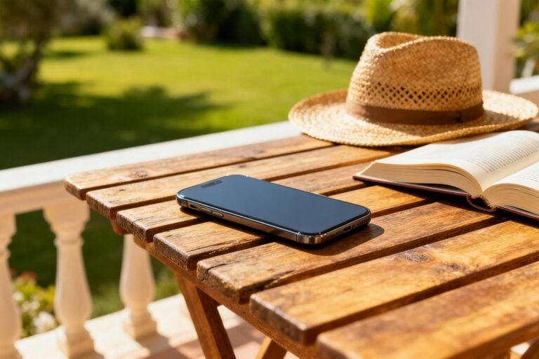 Téléphone posé à l'écart sur une table en terrasse, chapeau de paille et livre ouverts à côté
