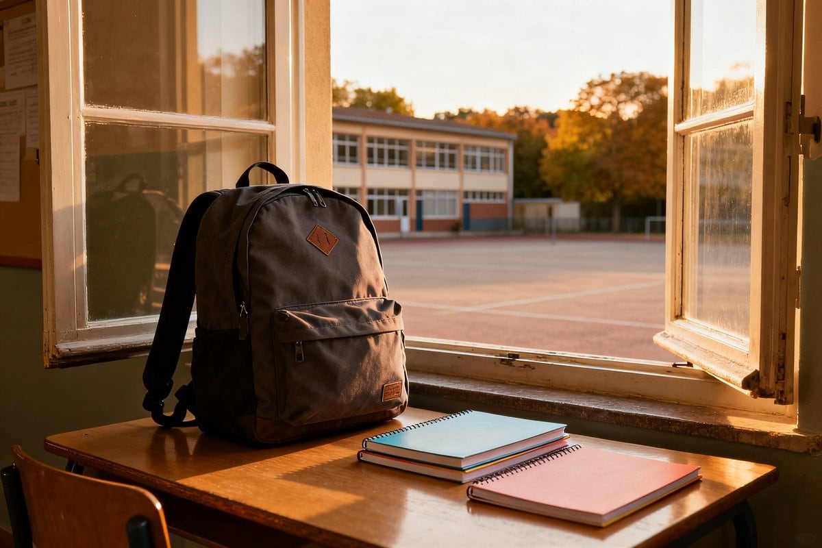 Cartable et cahiers posés sur une table près d'une fenêtre, cour de collège en arrière-plan