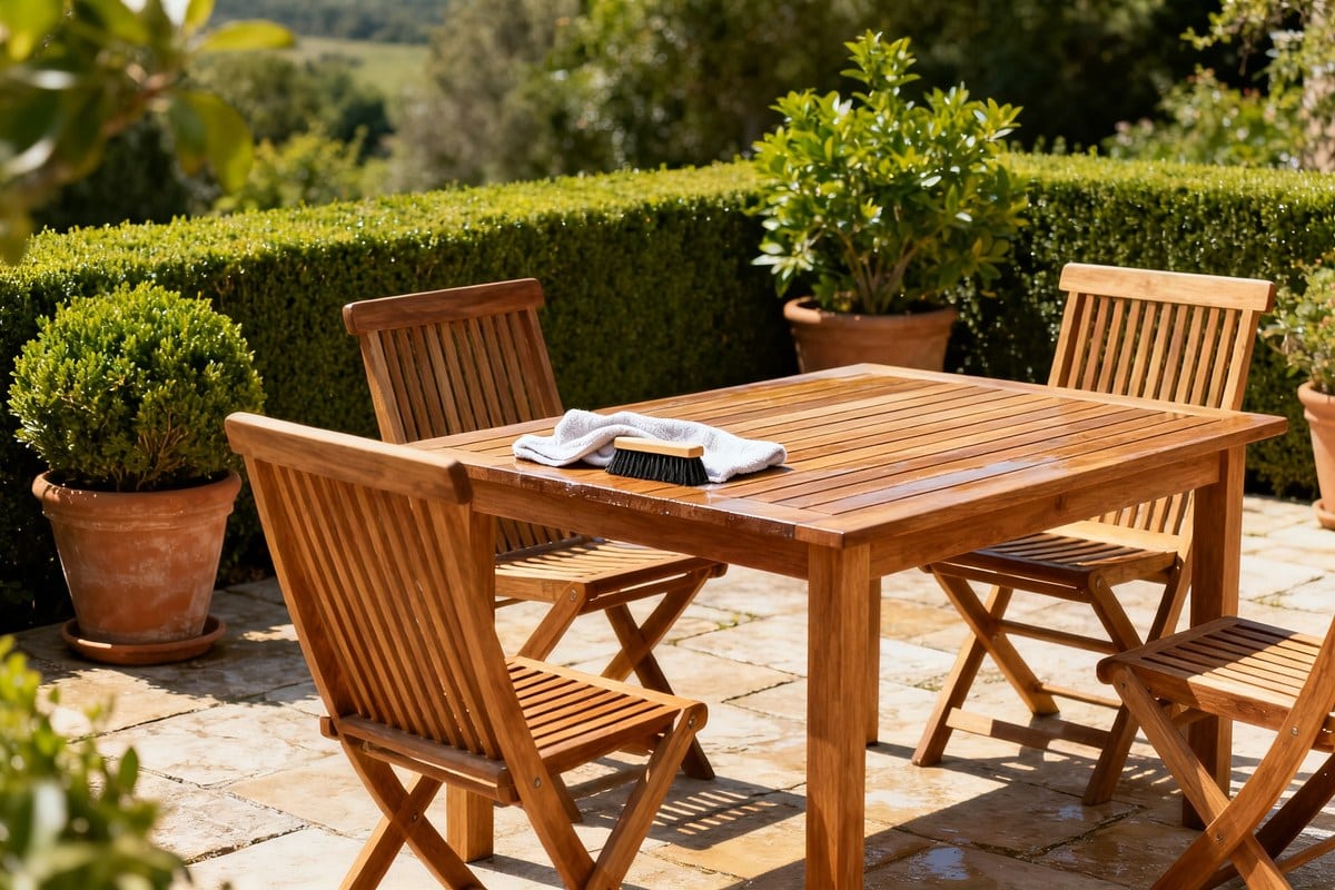 Salon de jardin en bois sur une terrasse ensoleillée, table et chaises entourées de plantes vertes