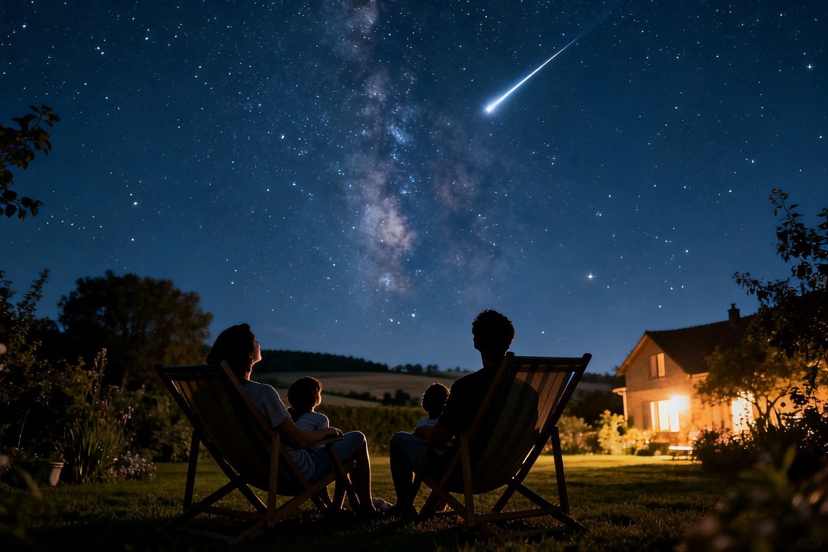 Une famille en transats observe une étoile filante traverser un ciel étoilé au-dessus d'un jardin de campagne