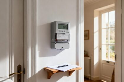 Compteur électrique numérique fixé au mur d'une entrée, feuilles et stylo posés sur une tablette en bois