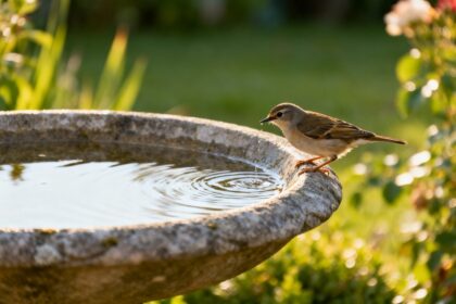 Un petit oiseau brun perché sur le rebord d'une vasque en pierre boit de l'eau dans un jardin ensoleillé