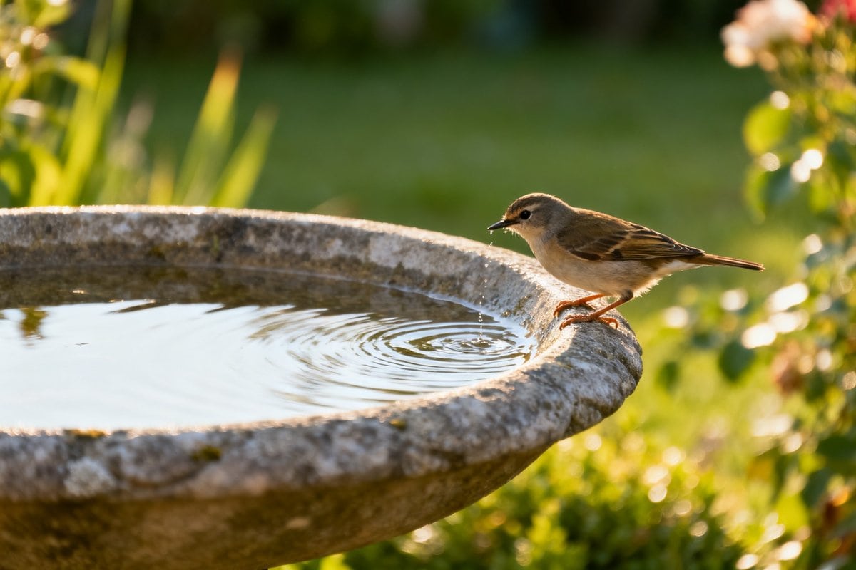 Un petit oiseau brun perché sur le rebord d'une vasque en pierre boit de l'eau dans un jardin ensoleillé