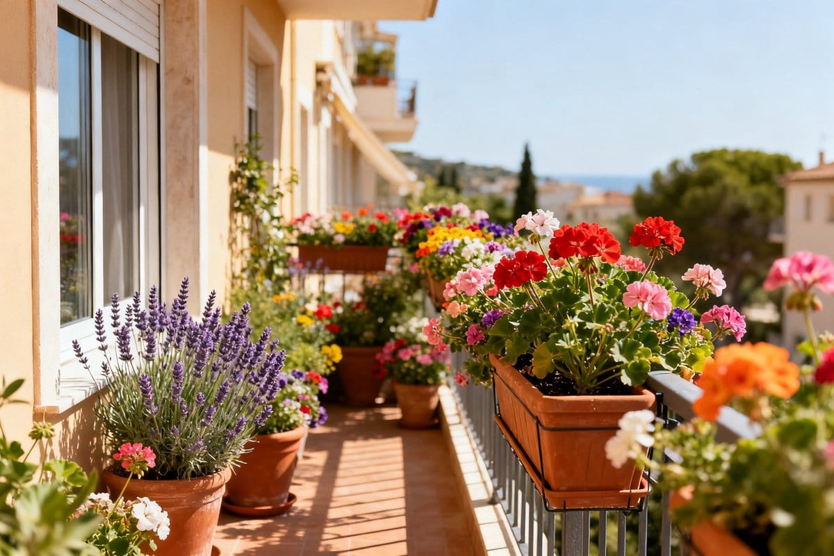 Balcon ensoleillé garni de jardinières fleuries et de pots en terre cuite en plein soleil d'été