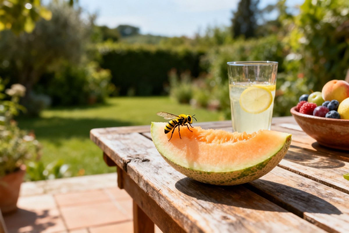 Une guêpe posée sur une tranche de melon, sur une table de jardin en bois, près d'un verre de citronnade.
