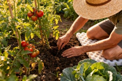 Un jardinier agenouillé sur un coussin de sol travaille la terre près de pieds de tomates dans un potager ensoleillé