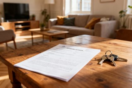 Contrat de location et clés posés sur une table dans un salon lumineux