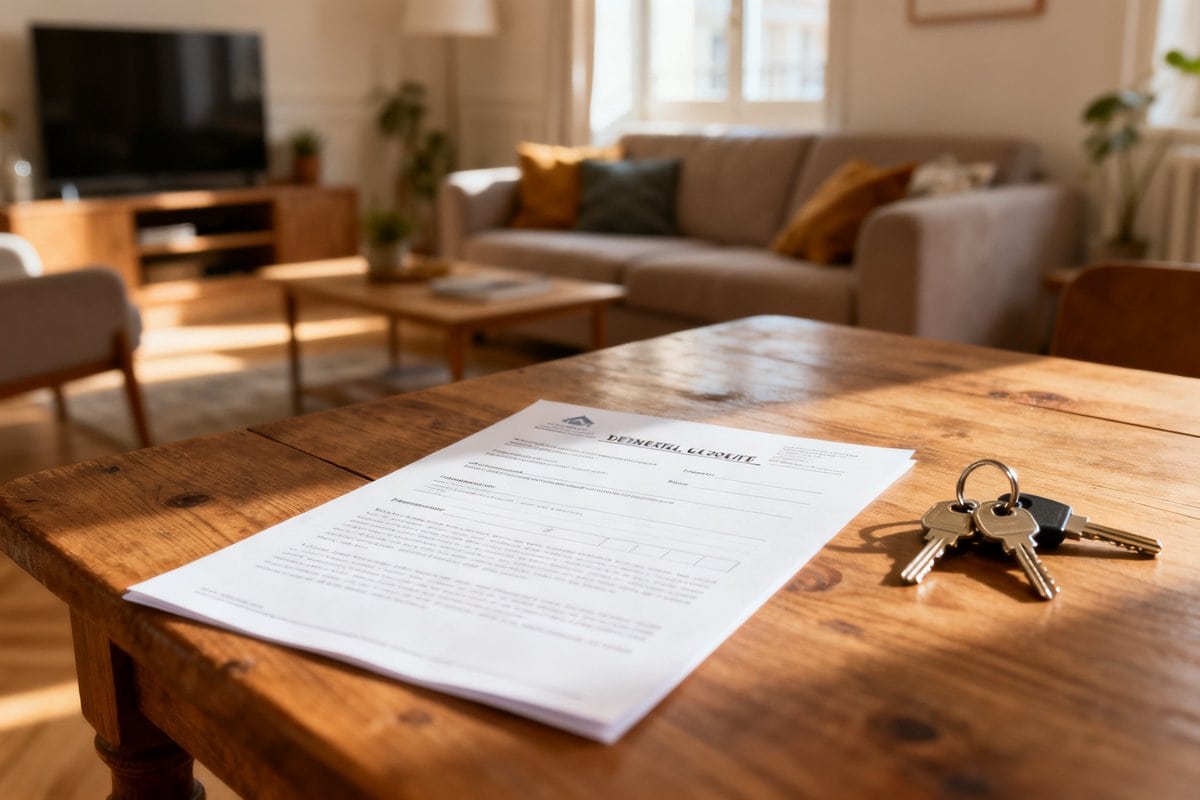 Contrat de location et clés posés sur une table dans un salon lumineux