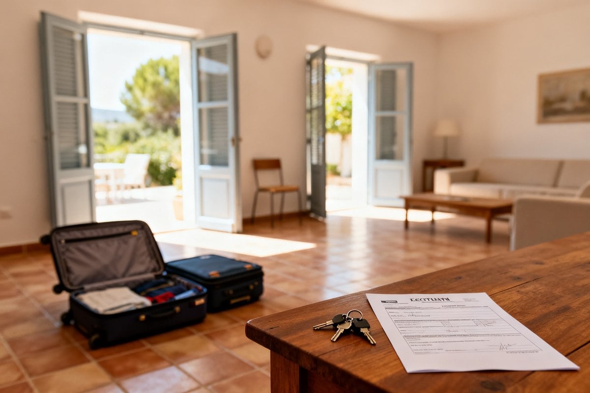 Valises ouvertes sur le carrelage d'une maison de vacances, clés et contrat de location posés sur une table