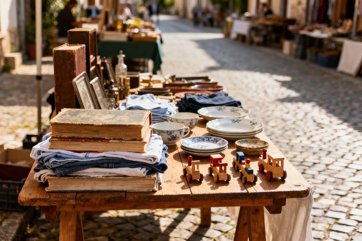 Étal de vide-grenier en plein air avec livres, vaisselle, vêtements pliés et petits objets d'occasion sur une table.