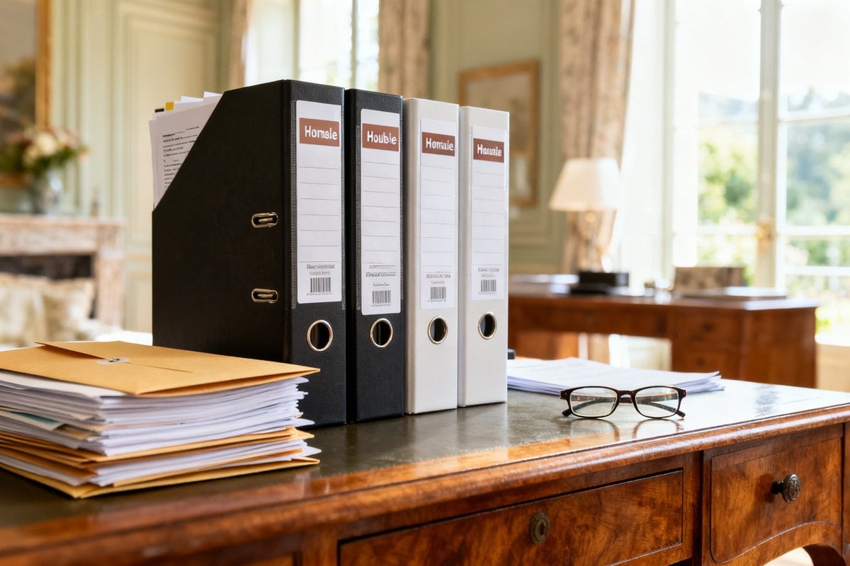 Classeurs et pochettes de papiers administratifs rangés sur un bureau en bois