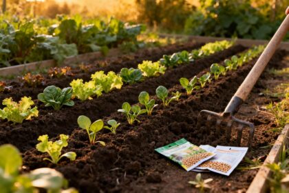 Jeunes salades et épinards en rangs dans une planche de potager, avec une fourche plantée et des sachets de graines ouverts.