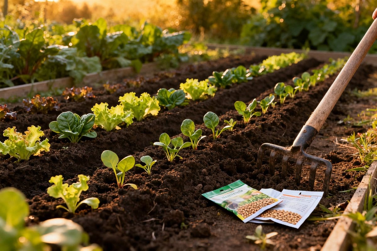 Jeunes salades et épinards en rangs dans une planche de potager, avec une fourche plantée et des sachets de graines ouverts.