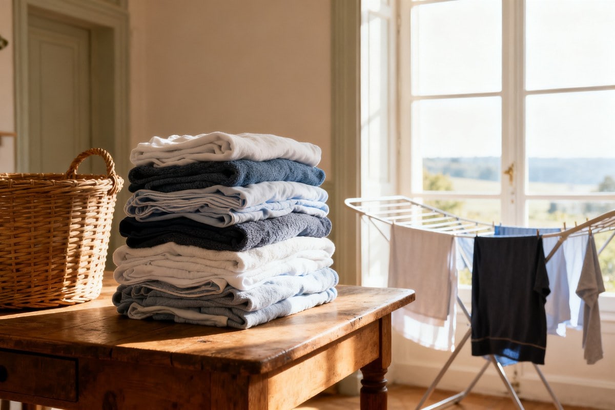 Vêtements propres pliés à côté d'un panier à linge, dans une lumière douce du matin.