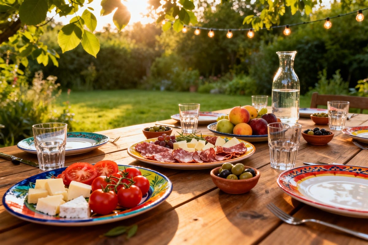 Table en bois dressée dans un jardin d'été, garnie de charcuterie, fromage, tomates, olives et fruits au soleil couchant