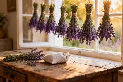 Bouquets de lavande suspendus tête en bas pour sécher devant une fenêtre, avec un sachet en lin sur une table en bois.