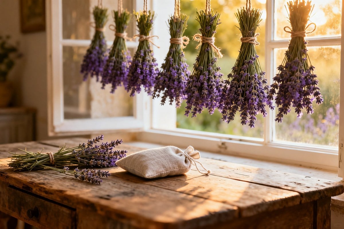 Bouquets de lavande suspendus tête en bas pour sécher devant une fenêtre, avec un sachet en lin sur une table en bois.