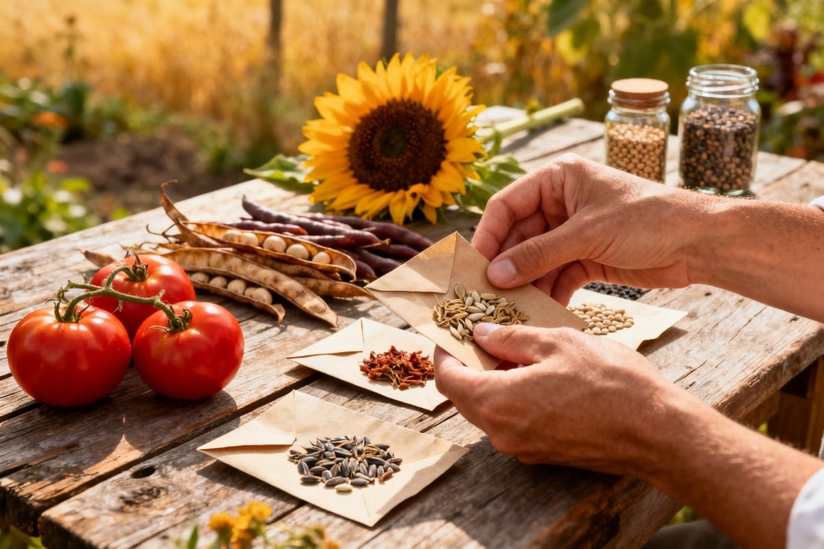 Des mains trient des graines dans des sachets en papier sur une table en bois, avec tomates, gousses sèches et tournesol.