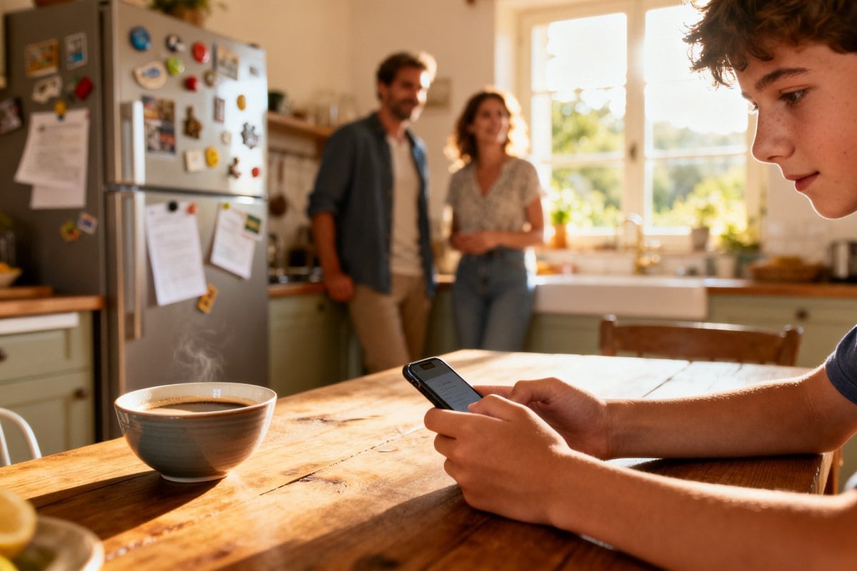 Un adolescent consulte son téléphone à la table d'une cuisine, ses parents flous à l'arrière-plan près de la fenêtre