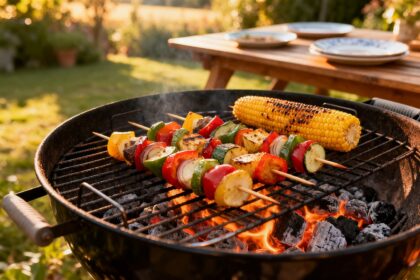 Brochettes de légumes et épis de maïs qui grillent sur un barbecue au charbon dans un jardin ensoleillé