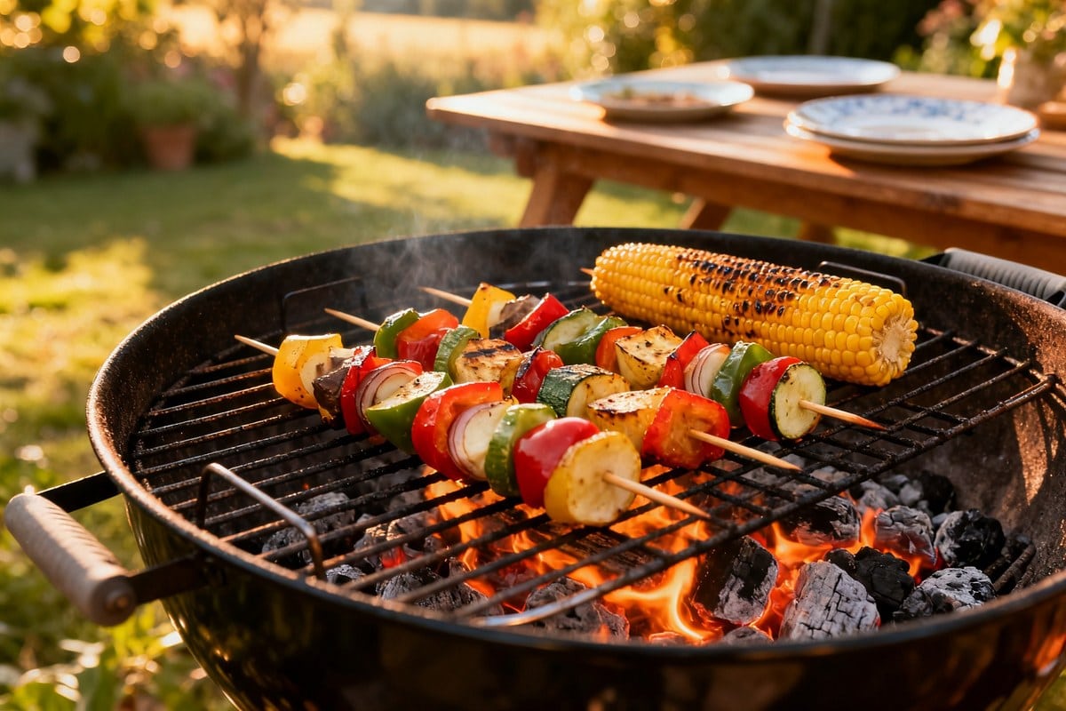Brochettes de légumes et épis de maïs qui grillent sur un barbecue au charbon dans un jardin ensoleillé