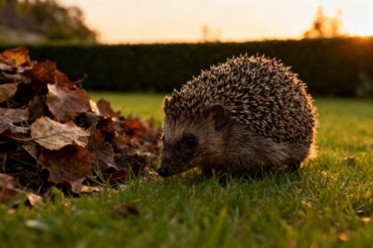 Un hérisson sur une pelouse au coucher du soleil, à côté d'un tas de feuilles mortes, devant une haie.