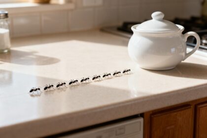 File de fourmis noires traversant un plan de travail de cuisine vers un pot en céramique blanche, lumière du matin.