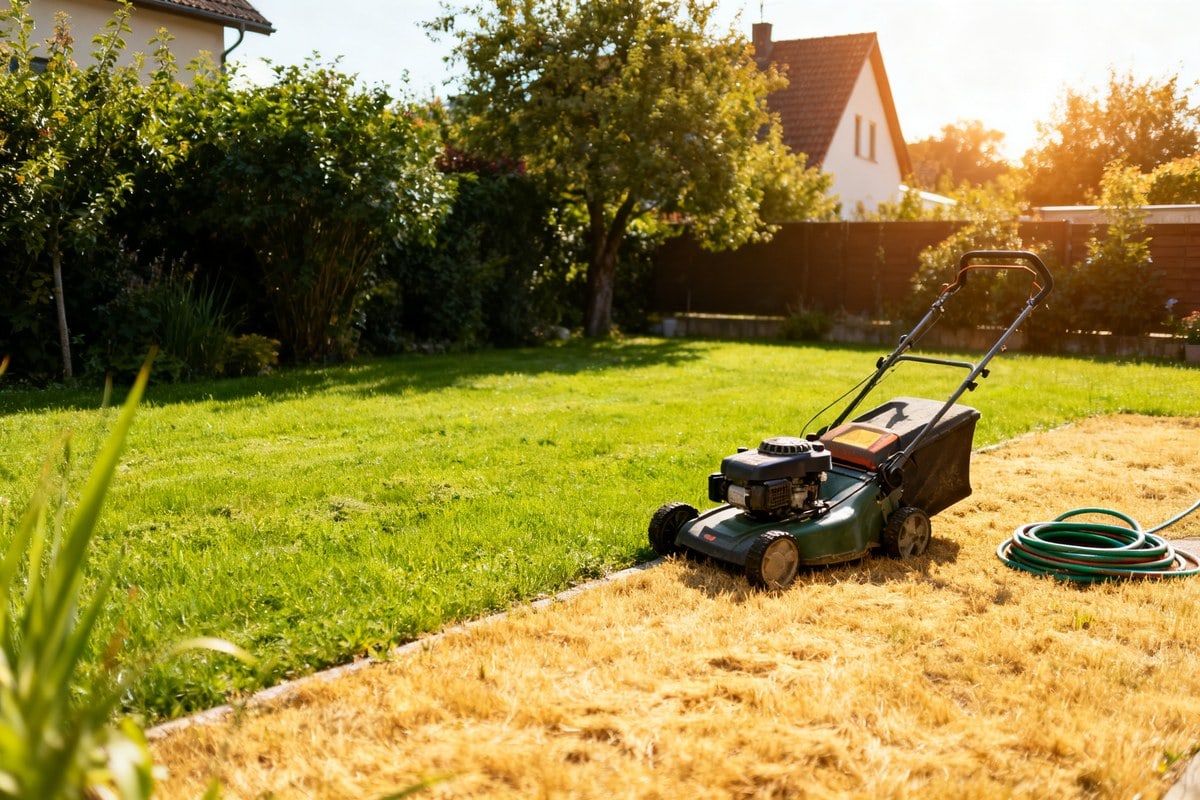 Pelouse de jardin à moitié verte et à moitié jaunie par le soleil d'été, tondeuse posée au bord de l'herbe