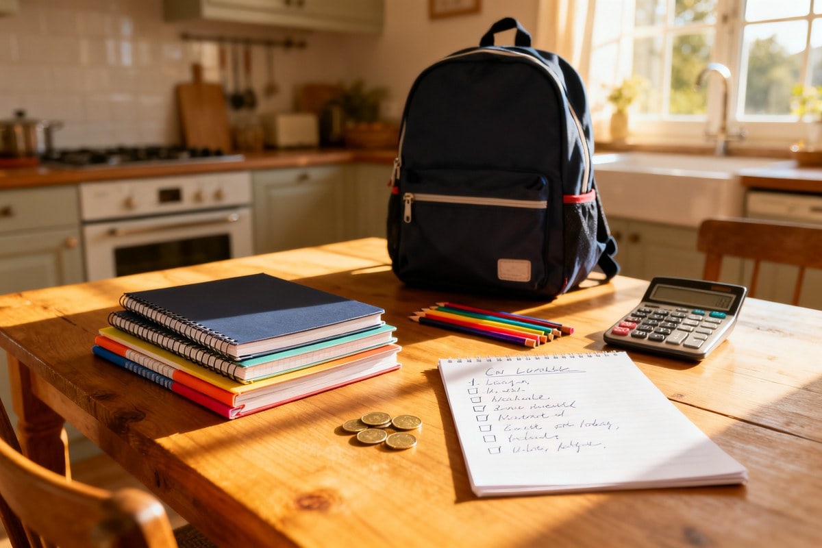 Cahiers, crayons de couleur, cartable, calculatrice et liste manuscrite posés sur une table de cuisine ensoleillée.