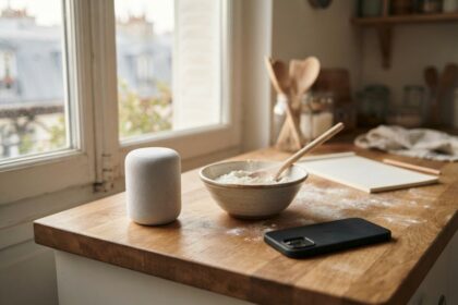 Enceinte connectée blanche sur un plan de travail en bois, près d'un bol de farine et d'un smartphone posé à plat