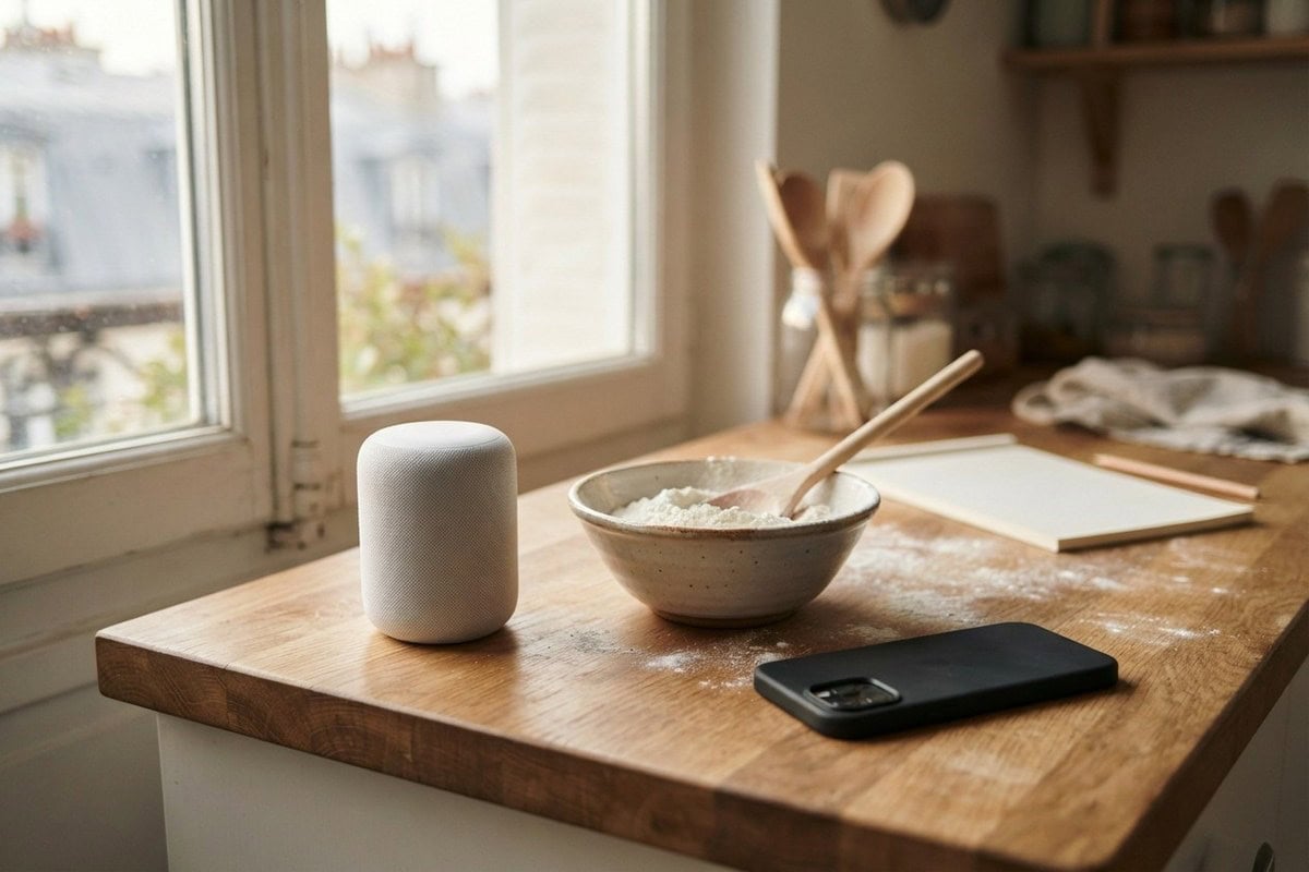 Enceinte connectée blanche sur un plan de travail en bois, près d'un bol de farine et d'un smartphone posé à plat