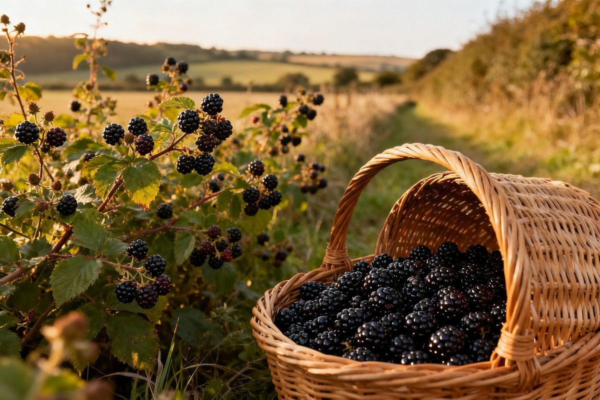 Un panier en osier rempli de mûres noires près d'un roncier au bord d'un chemin de campagne, en fin d'après-midi.