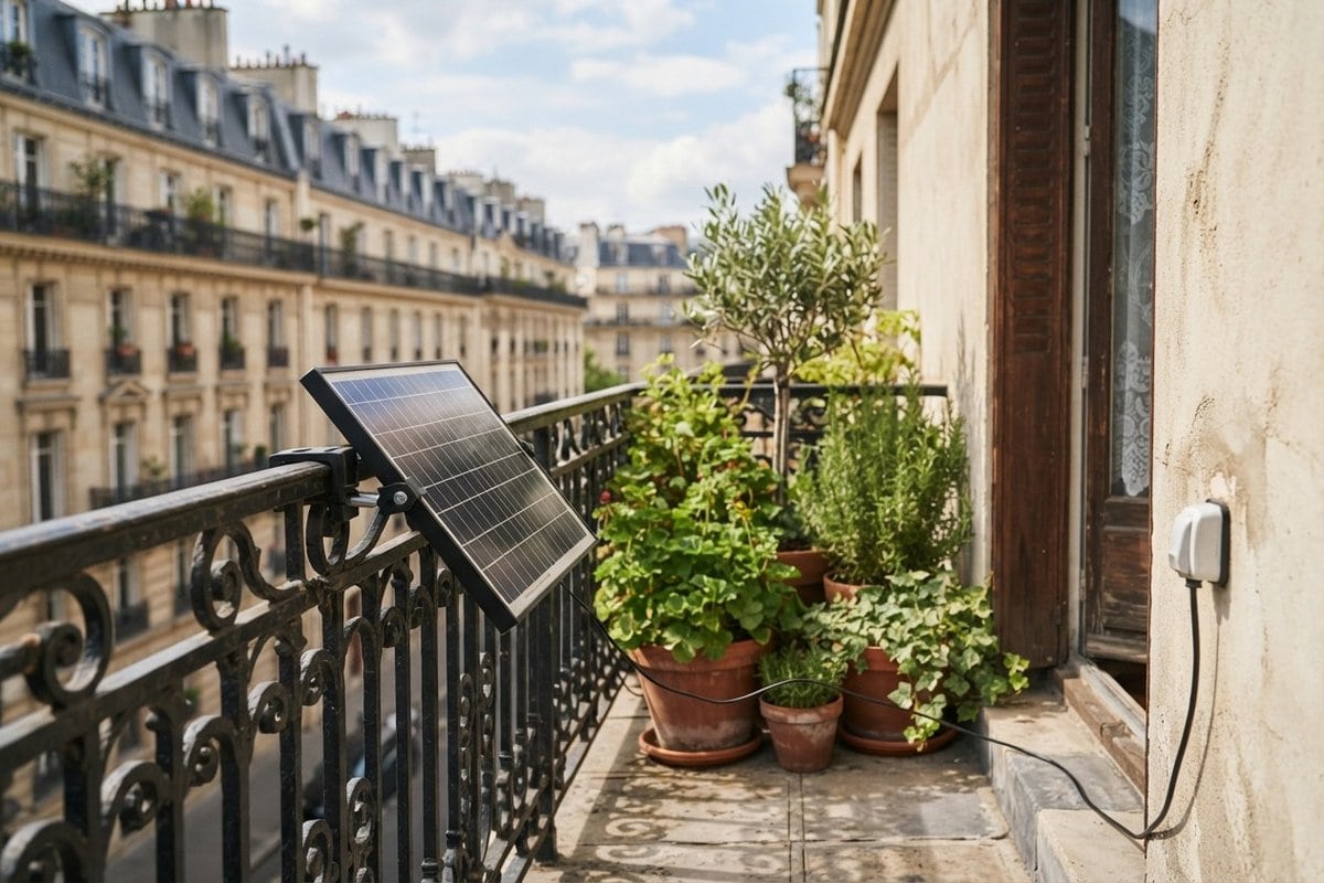 Panneau solaire fixé sur la rambarde en fer forgé d'un balcon parisien, relié par un câble à une prise murale