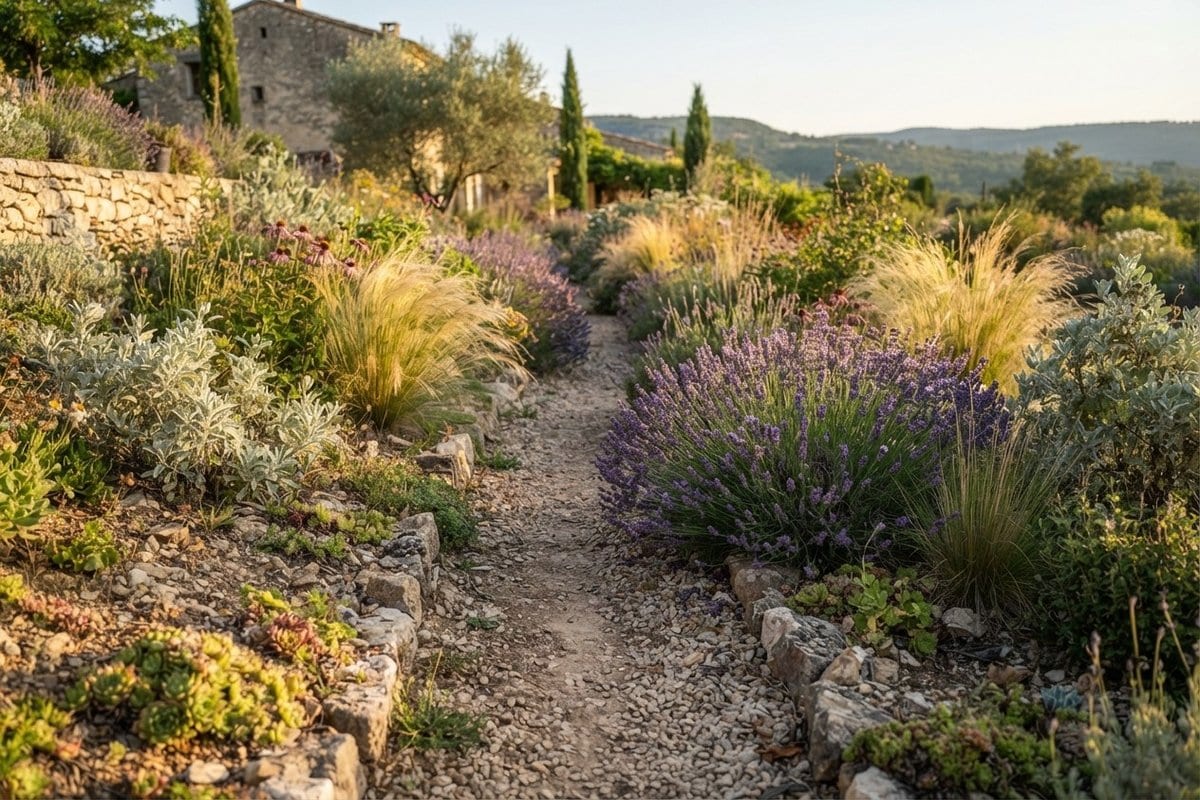Allée de gravier bordée de lavandes, de graminées et de plantes grasses dans un jardin de pierres sèches