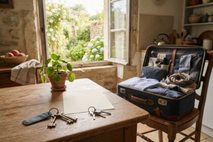 Deux trousseaux de clés et une feuille blanche sur une table en bois, valise ouverte sur une chaise près d'une fenêtre
