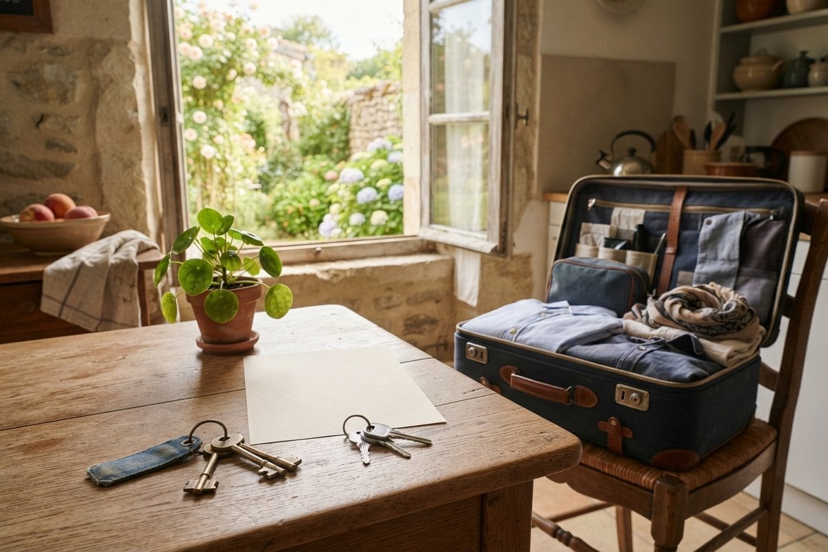 Deux trousseaux de clés et une feuille blanche sur une table en bois, valise ouverte sur une chaise près d'une fenêtre