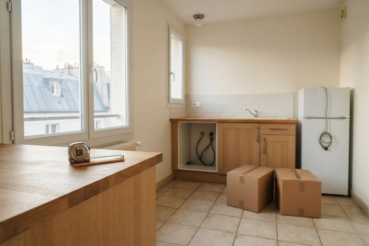 Cuisine d'appartement vide avec mètre ruban sur le plan de travail, emplacement libre pour un lave-linge et cartons au sol