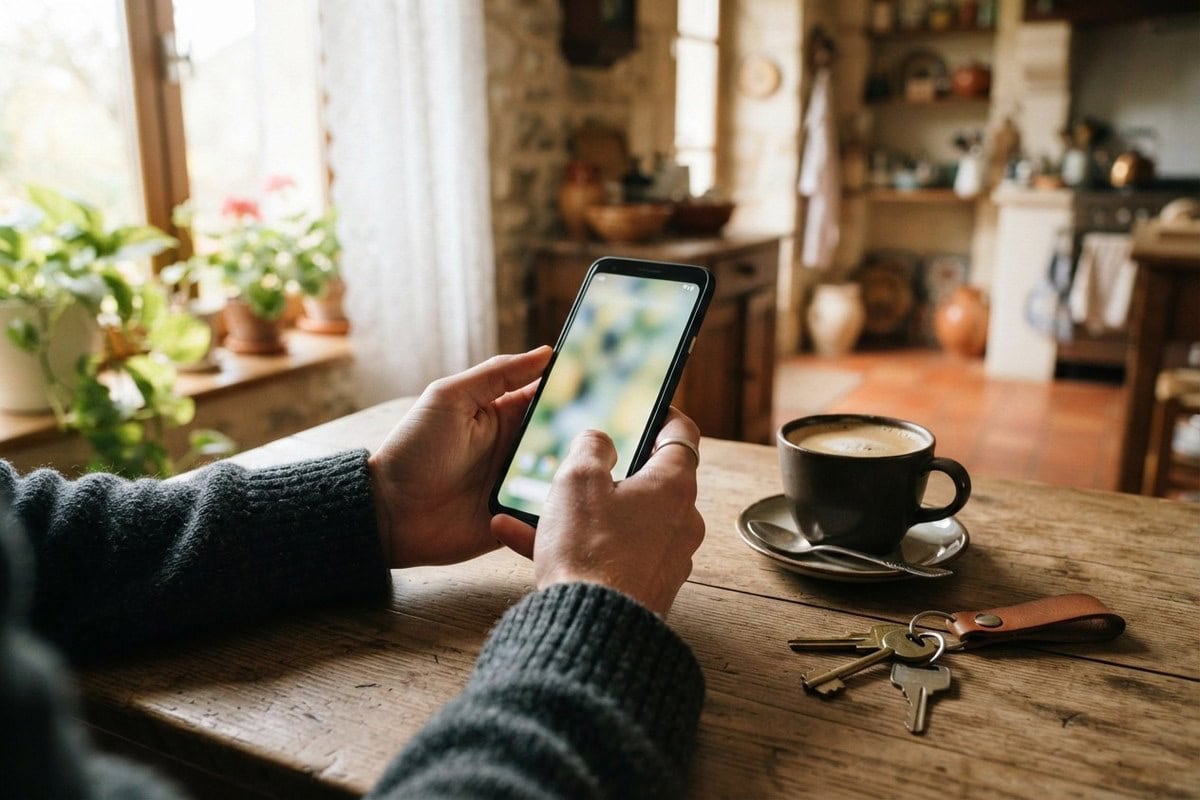 Des mains tiennent un smartphone à l'écran flou sur une table en bois, près d'une tasse de café et d'un trousseau de clés.