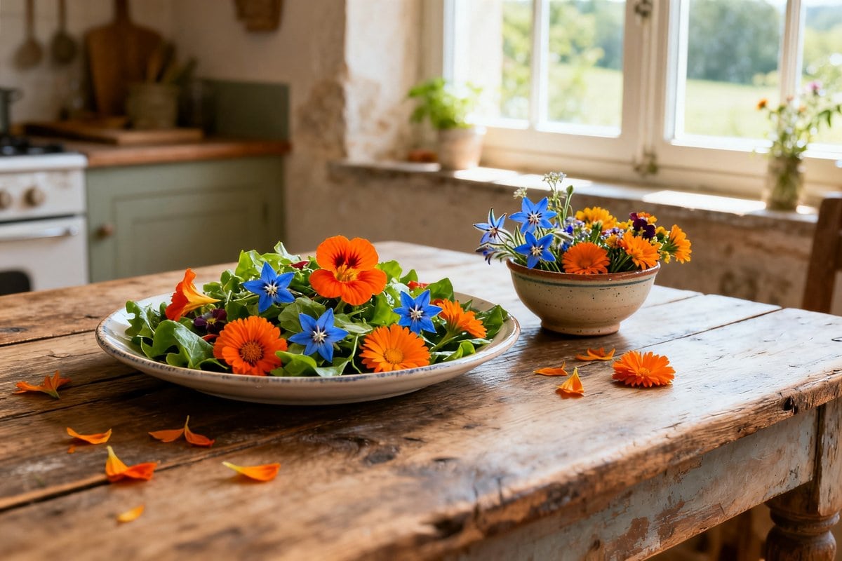 Assiette de salade verte garnie de capucines orange et de fleurs bleues de bourrache sur une table en bois