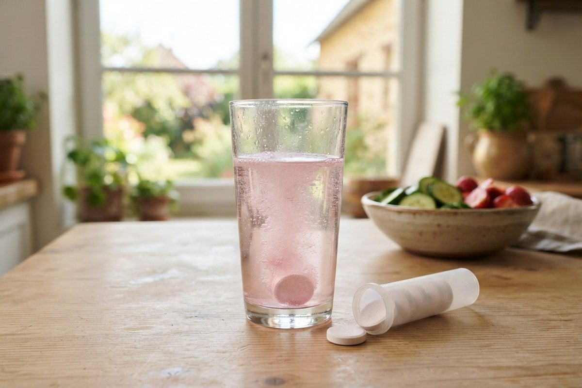 Verre d'eau rosée où fond une pastille effervescente, tube de comprimés ouvert sur une table de cuisine