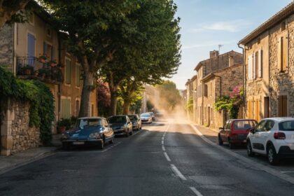 Rue d'un village français en fin d'après-midi, un côté à l'ombre de grands platanes, l'autre en plein soleil
