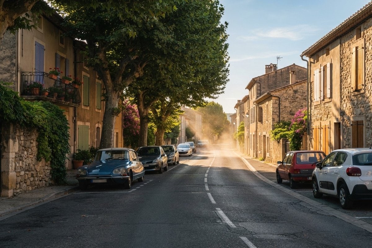 Rue d'un village français en fin d'après-midi, un côté à l'ombre de grands platanes, l'autre en plein soleil
